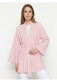 Resim Saade Sââde Kadın Dikey Çizgili Geniş Kollu Şık Yazlık Relaxed Kimono Pembe 