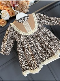 Resim Dantel Detaylı Leopar Desenli Pamuklu Kız Çocuk Bebek Elbise 001 