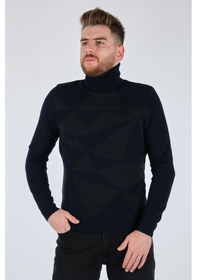 Resim Ecer Erkek Triko Kazak - Geometrik Desen - Uzun Kol - Minimalist Lacivert 