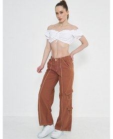 Resim Kutaf Camel Kargo Cepli Dikiş Detaylı Yüksek Bel Wide Leg Pantolon Açık Kahverengi 
