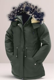 Resim Asortik Kids Kız/erkek Çocuk Unisex Kışlık Kanvas Kumaş Dayanıklı Diz Üstü Içi Kürk Kapüşonlu Haki Kaban Mont 