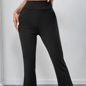 Resim Kadın Yüksek Bel Flare Pantolon - Esnek Polyester Karışımı, Cebi Olan Elastik Bel, Düz Siyah Rahat ve Egzersiz Pantolonları, Makinede Yıkanabilir, Bahar/Yaz/Sonbahar için, Yüksek Bel Tayt, Egzersiz Giysileri, Rahat Uygun 