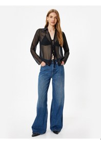 Resim Koton Tül Transparan Gömlek Önden Bağlama Detaylı Uzun Kollu Siyah 5wak60011ew Siyah 