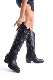 Resim Bak Store Siyah Cilt Deri Gümüş Yıldız Nakışlı Kovboy Fermuarlı Western Kadın Çizme 