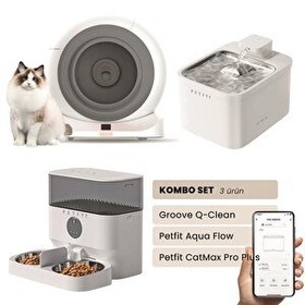 Resim Groove Q-Clean Otomatik Kedi Tuvaleti Gri - Petfit Aqua Flow Akıllı Su Pınarı - Petfit CatMax Pro Plus Otomatik Mama Kabı 