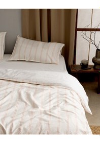 Resim Madame Coco Linda Çizgili Çift Kişilik %100 Pamuk Yıkamalı Gofre Nevresim Takımı - Beyaz/mercan Çok Renkli 