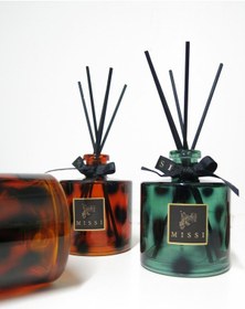 Resim Missi Yeşil Leopar Desenli Cam Şişe Siyah Bambu Çubuklu Yasemin Sandal Oda Kokusu 500 ML 