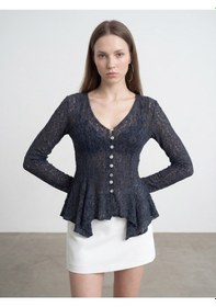 Resim Dilvin 60433 Düğmeli Peplum Dantel Hırka-indigo İndigo 