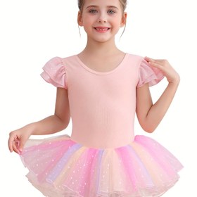Resim Kızlar için Gradyan Pastel Pembe'den Mor'a Geçişli Katmanlı Fırfır Etek ve Batwing Kollu Tutu Dans Elbisesi - Esnek Dar Kesim Bodysuit, Bale, Gösteriler, İlkbahar Yaz Sonbahar Performansları İçin Hafif Dans Giysisi - Elde Yıkanabilir 