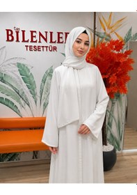 Resim Bilenler Dubai İpeği Kesme Kristal Taşlı Fermuarlı Ferace Beyaz 