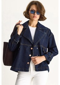Resim Shade Kadın Geniş Yaka Uzun Kollu Ayarlanabilir Manşetli Denim Ceket 6089 60283543 - Lacivert 