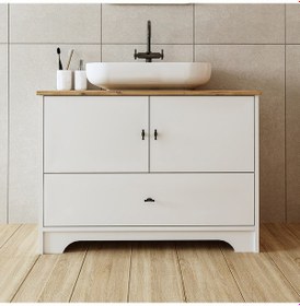 Resim Oval Lavabolu Ayaklı 2 Kapaklı Çekmeceli Mdf 100 Cm Banyo Aria Atlantik Çam - Beyaz 