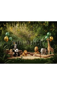 Resim Minimalisfy Safari Temalı Çocuk Doğum Günü Fonu - Orman Hayvanlı 200x150cm Baskılı Kumaş Fon 