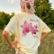 Resim Kadınlar İçin Yazlık Rahat Kısa Kollu Tişört - Bol Kesim Çiçek Desenli & "Simple Joy" Baskı, %95 Polyester %5 Elastan, Açık Sarı, Makinede Yıkanabilir 