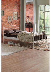 Resim Hatkus Çift Kişilik Ferforje Metal Karyola-beyaz Ahşap Latalı 