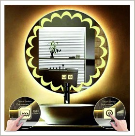 Resim Dnr-Mirror60 Cm Günışığı Ledli Tasarım Kumlamalı Dokunmatik Tuşlu Buğu Önleyicili Banyo Aynası Makyaj Aynası 