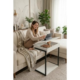 Resim Maison Linden C Sehpa Tekerlekli Laptop Sehpası 50X34 cm Yükseklik 65 cm Açılır Kapaklı Orta ve Yan Sehpa 