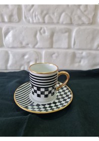 Resim Konyax Çift Desen Damalı 4 Parça 2 Kişilik Porselen Türk Kahvesi Fincan Takımı Çok Renkli 