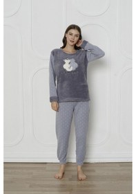 Resim Wordex Fawn 3011 Peluş Welsoft Polar Kışlık Kadın Ev Kedi İşlemli Pijama Takımı Gri 