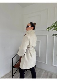 Resim Keymoda Kadın Bej Kuşaklı Kısa Kaşe Kaban Taş Rengi 