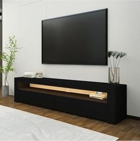 Resim Batı LED Işıklı 2 Kapaklı TV Sehpası – 150 cm – Minimal Tasarım, Düz Siyah 