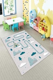 Resim Pelangi Gri Trafik Yollu Ve Fiğürlü Yıkanabilir Kaymaz Taban Leke Tutmazbebek Ve Çocuk Odası Halısı, Gri-Mavi 80 x 150, 90135710280150 