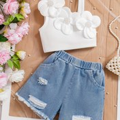Resim Kızlar için Yeni Moda 3D Çiçekli Yelek + Yırtık Şort Takımı P101346, Dış Mekan İçin Mükemmel 