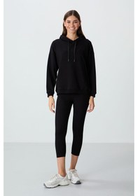 Resim Tommy Life Siyah Kompakt Pamuklu Kalın Pürüzsüz Dokulu Kapüşonlu Oversize Fit Kadın Sweatshirt - 97291 Siyah 