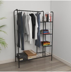 Resim Doğa Raflı Metal Elbise Askılığı Çok Amaçlı Raf Konfeksiyon Askılık Siyah 