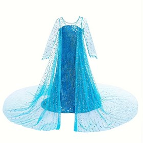 Resim Kızlar için şık mavi pullu prenses elbisesi - Uzun kollu, yuvarlak yaka, akışkan tren, polyester, tüm mevsimler için giyilebilir, aksesuarlar dahil değil, kızlar için prenses elbiseleri, kızlar için Halloween kostümü 