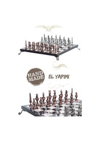 Resim Mc57 Antik Mısır Figürlü Metal Satranç Takımı - Mermer Desenli 25cm Tahta El Yapımı Taşlar 