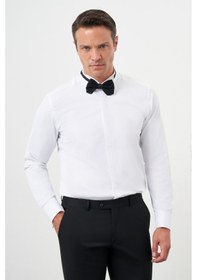 Resim Morven Erkek Beyaz Manşetli Düz Desen Ata Yaka Slim Fit Gömlek Beyaz 