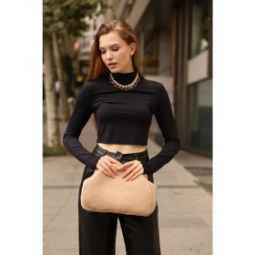 Resim Bahels Kadın Sütlü Kahve Yumuşak Peluş Clutch Portföy Çanta 