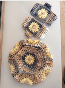 Resim Ressam Bereli Fular Eldiven Takımı , El Yapımı Bere Şal Set Sarı Geçişli 