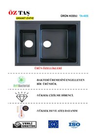 Resim Öztaş TA-60s Granit Mutfak Eviye Siyah Tek Gözlü 485 x 595 MM 