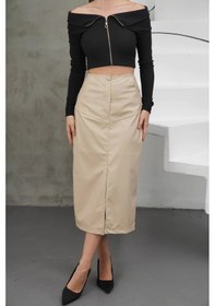 Resim Biçomi Yırtmaçlı Uzun Deri Etek Bej Bej 
