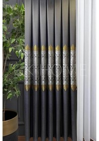 Resim Pano Fon Perde Gri Damask Çiçek Desenli Fon Perde Sık Pile 1/3 Tek Kanat Koyu Gri 