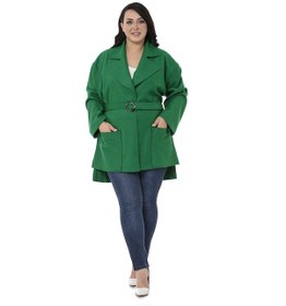 Resim Disentis Kadın Büyük Beden Mono Yaka Arkası Uzun Kemerli Astarsız Kaban Yeşil 