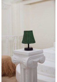 Resim Yeşil Rattan & Bambu Masa Üstü Kablosuz Pilli Abajur Masa Lambası Alt Ayak Siyah 