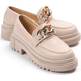 Resim Movi Bej Deri Günlük Kullanım Loafer Kadın Ayakkabı 