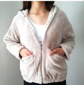 Resim Yumuşacık Peluş Kapşonlu Fermuarlı Sweatshirt Hırka Taş Renk Çok Renkli 