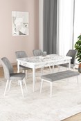 Resim GadaHome Platinum Serisi, 80x130 Açılabilir Mdf Beyaz Mermer Mutfak Masa Takımı, 4 Sandalye, 1 Bench 