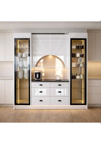 Resim Lüks High Gloss Mutfak Dolabı & Kahve Köşesi - %100 Mdf Gövde, Led Aydınlatmalı, 6 Çekmeceli 190x230 Parlak Beyaz 
