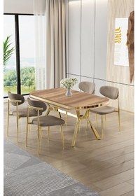 Resim Canisa Olya Serisi 90x168 Mdf Sabit Lak Panel Hazar Masa Takımı Gold Ayaklı 4 Cappucino Sandalye Hazar Masa Cappucino Sandalye 