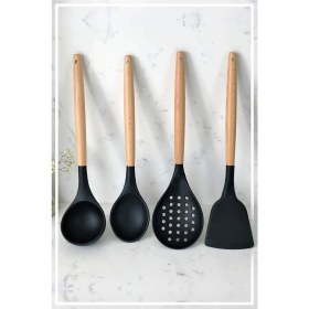 Resim Siyah Silikon Bambu Saplı 4 Parça Mutfak Servis Seti, Kepçe, Kaşık, Kevgir, Spatula 