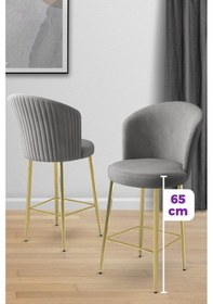 Resim Canisa Alte Serisi 2 Adet Babyface Kumaş 65 Cm Gold Kaplama Ayaklı Gri Bar Sandalyesi Gri Sandalye Gold Kaplama Ayak 