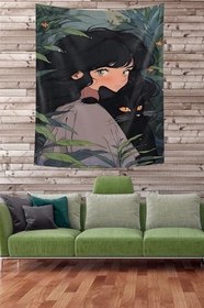 Resim Pelangi Kız Ve Kara Kedi Leke Tutmaz Kumaş Duvar Örtüsü Duvar Halısı Tapestry PNTR350, 70 x 70 