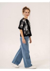 Resim Zekids Kız Çocuk Bol Paça Taşlı Denim Pantolon-13901-mavi Mavi 
