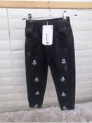 Resim Alis Siyah Mickey Nakışlı Beli Lastikli Cepli Mom Jeans Unisex Çocuk Kot Pantolon 