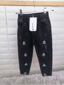 Resim Alis Siyah Mickey Nakışlı Beli Lastikli Cepli Mom Jeans Unisex Çocuk Kot Pantolon 